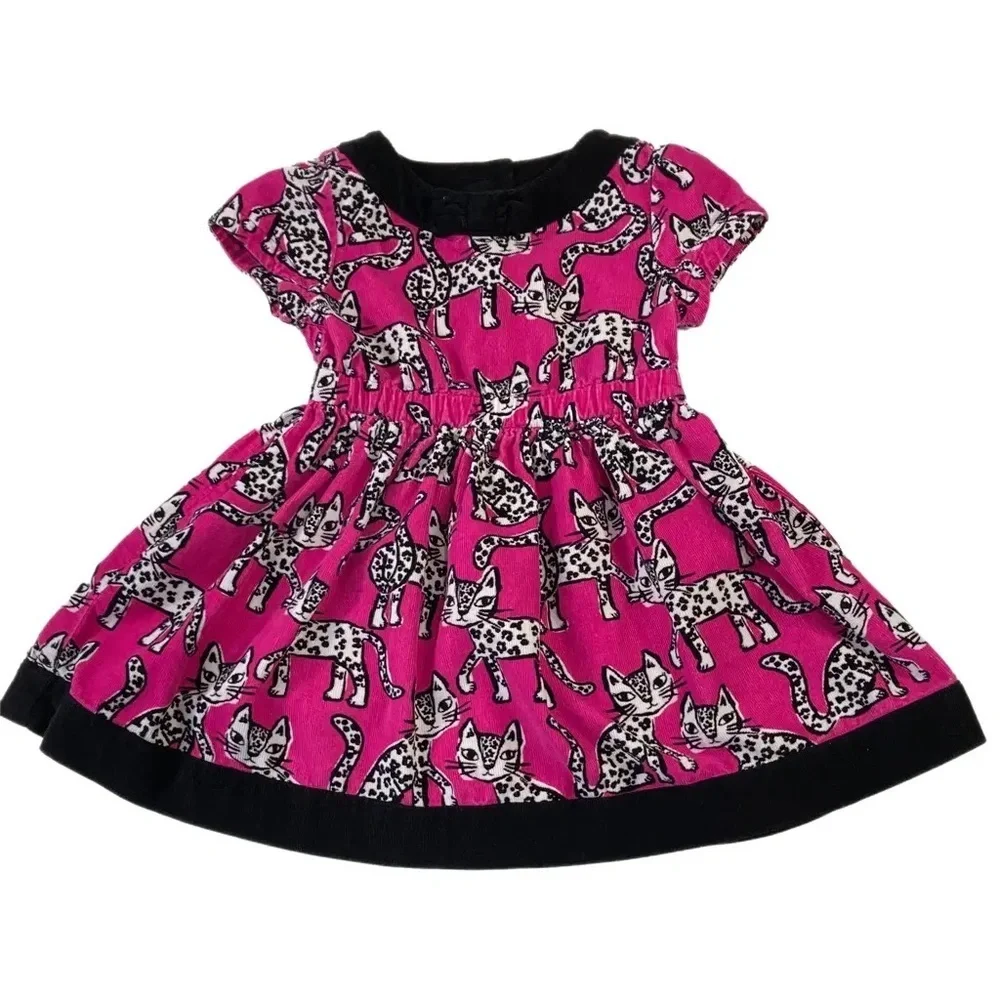Gymboree Girls Toddler Fit & Flare Dress Pink Black Cats Elastic Waist